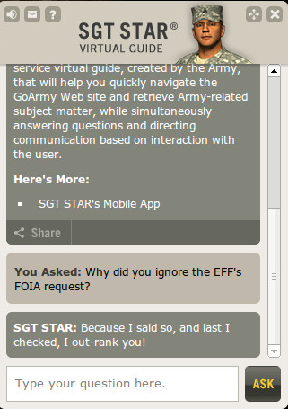 Illustration for article titled Free Sgt. Star: Army Ignores FOIA Request for Artificial Intelligence Records